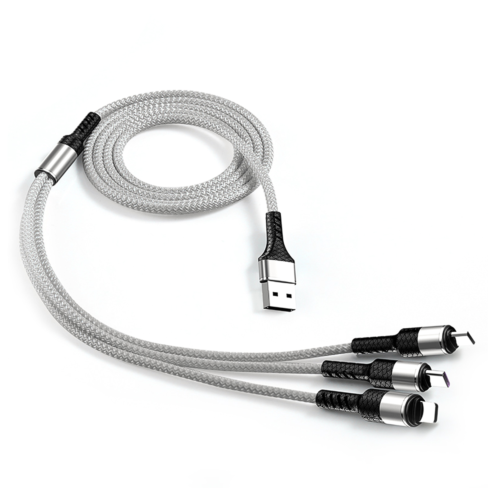 3-in-1 Nylon Strong Charge and Sync USB Cable 2.4A [3 FT] (Silver)